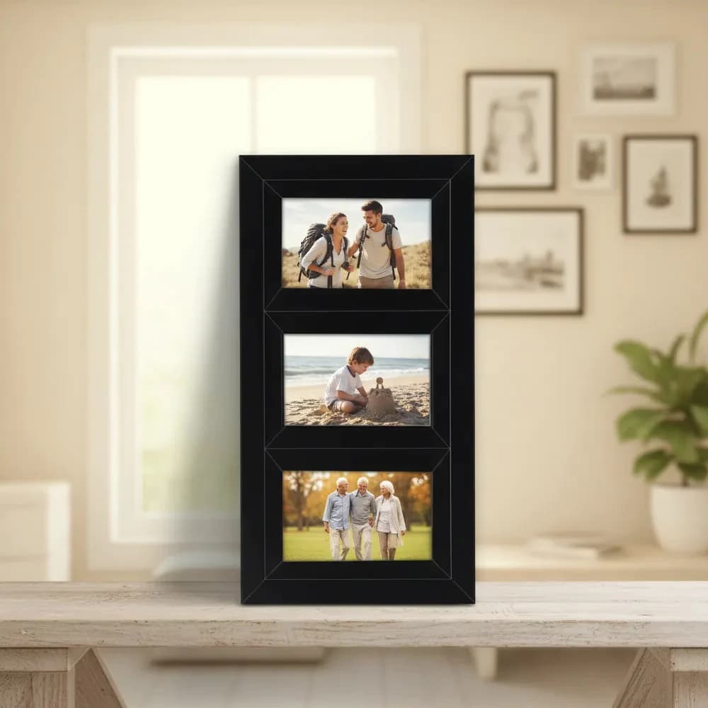 Painel com VIDRO I Porta Retrato para 3 fotos 10x15cm com Moldura Preta, Branca ou Betume.