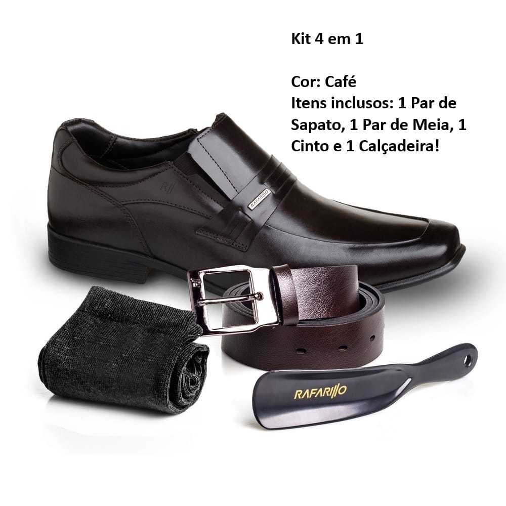 Sapato Social Masculino Rafarillo Couro Original Kit 4 em 1 Elegante Confortável com Cinto Meia