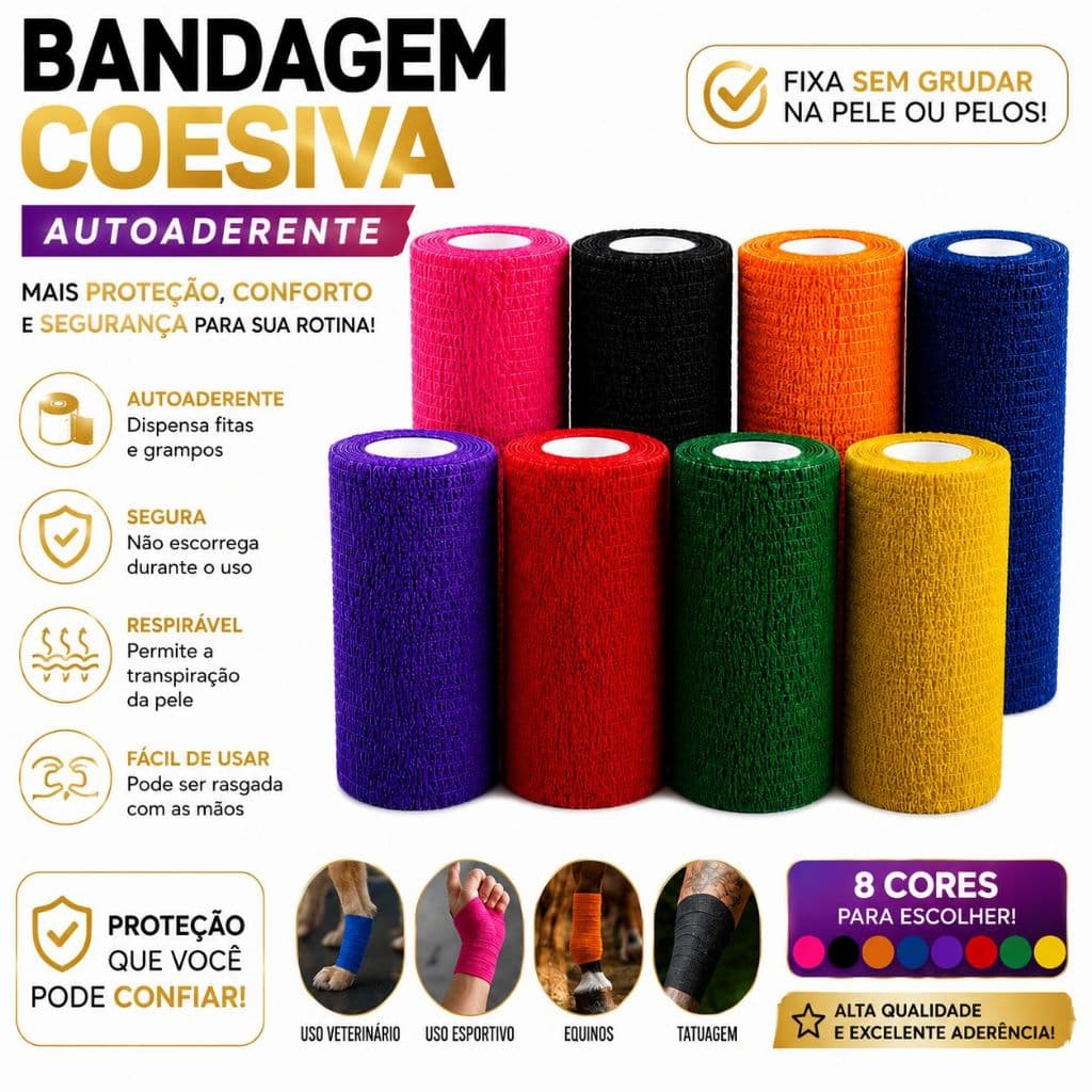 12 Unidades Bandagem Elástica Adesiva 4,5m x 10cm Flexível Atadura Faixa Auto Aderente Pet Cachorro