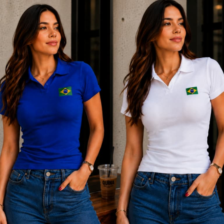Babylook Feminina Brasil Blusa Ribana Canelada Moda Bandeira Gola Polo Estampada