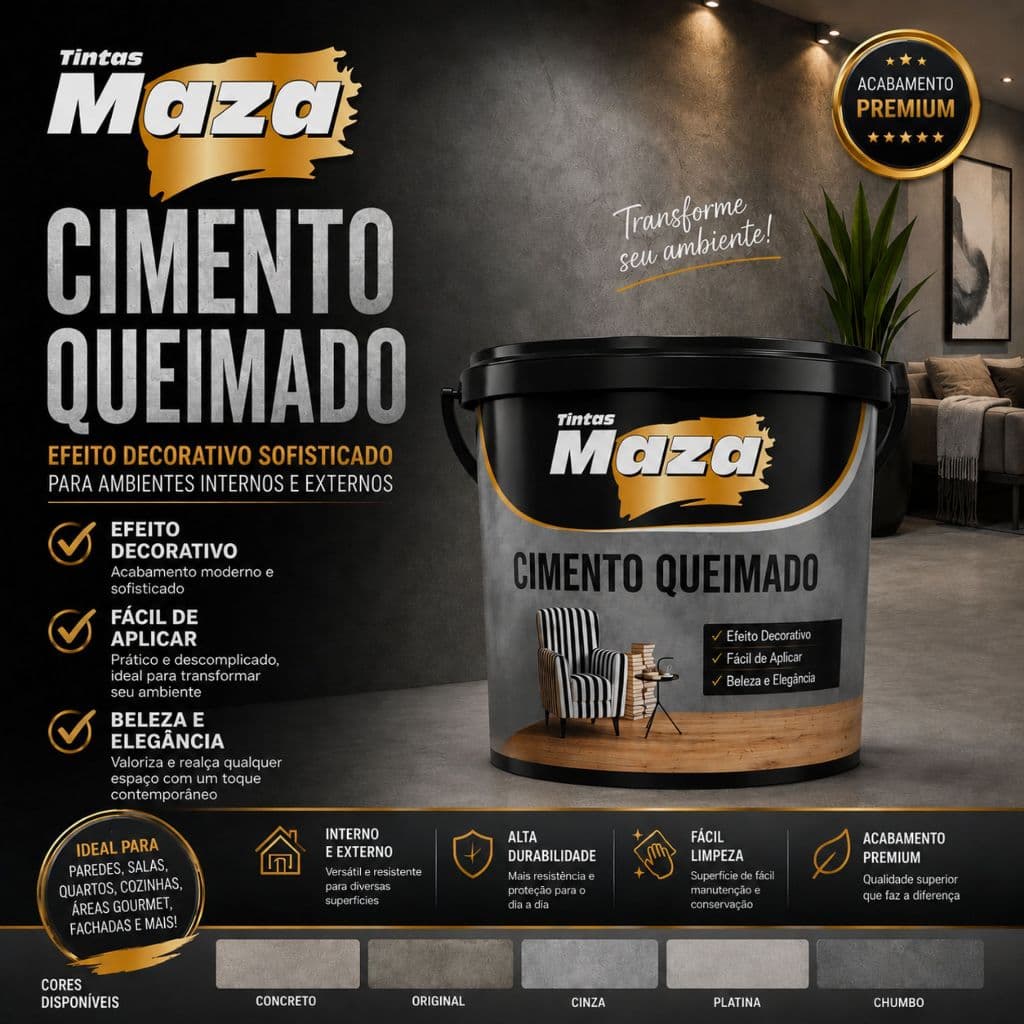 Revestimento Massa Efeito Cimento Queimado Acamento Fosco Interno Externo Maza 5,6Kgs Cores