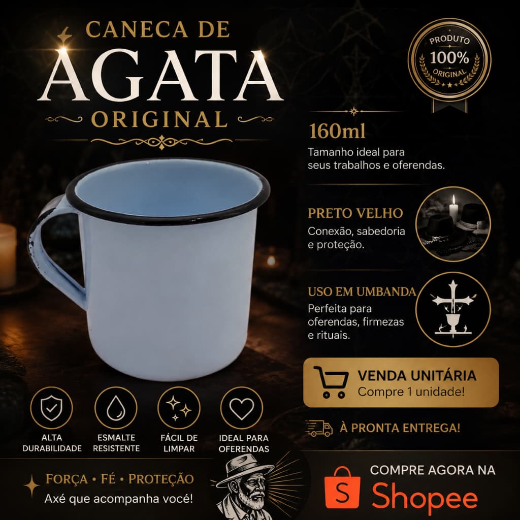 Caneca Esmaltada - Agata - Preto Velho 6cm 160ml  Umbanda  Candomblé