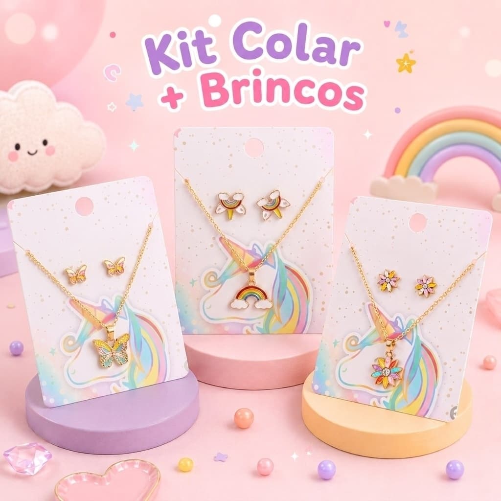 Conjunto de Colar e Brincos Infantil Dourado Pingente Colorido — Estilo Fofo (Modelo Sortido)