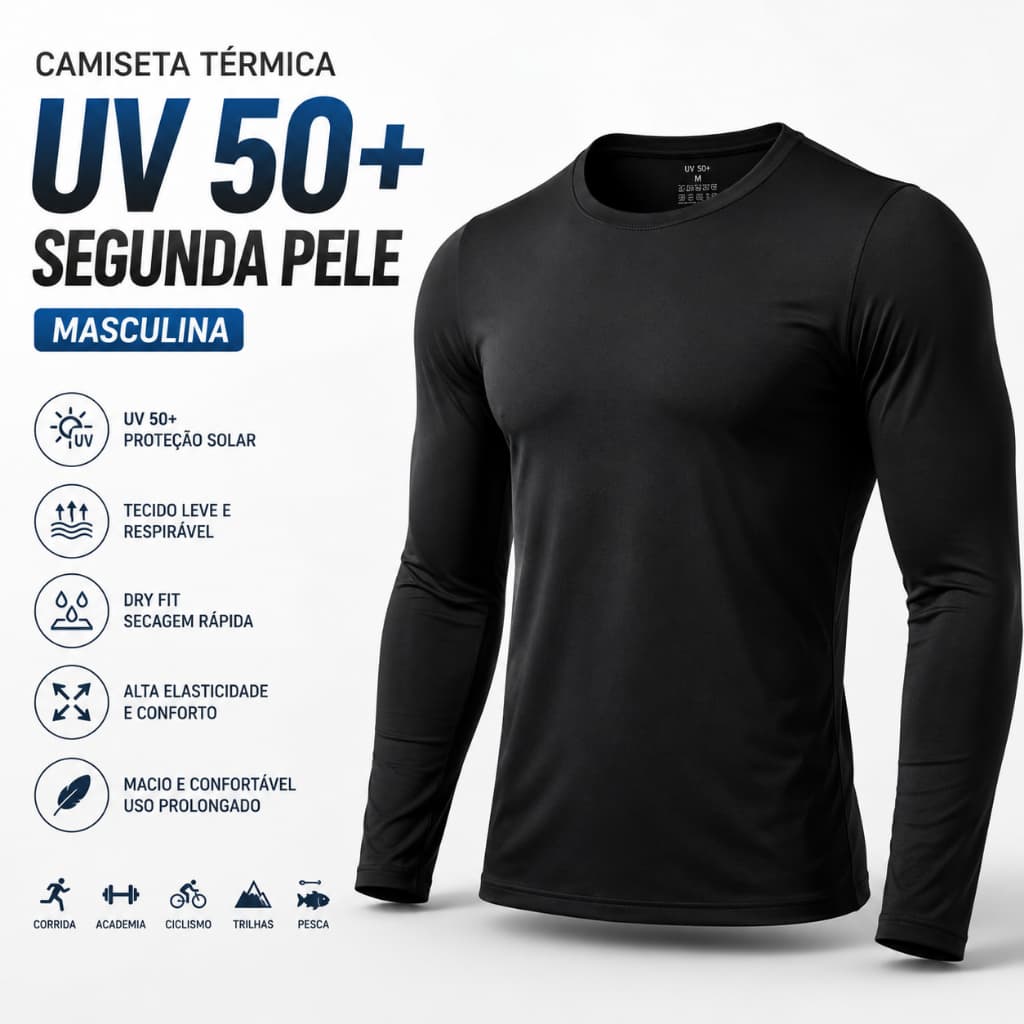 Camisa Térmica Masculina Poliéster Segunda Pele Lisa Slim Fit Academia Frio Esportes ao Ar Livre