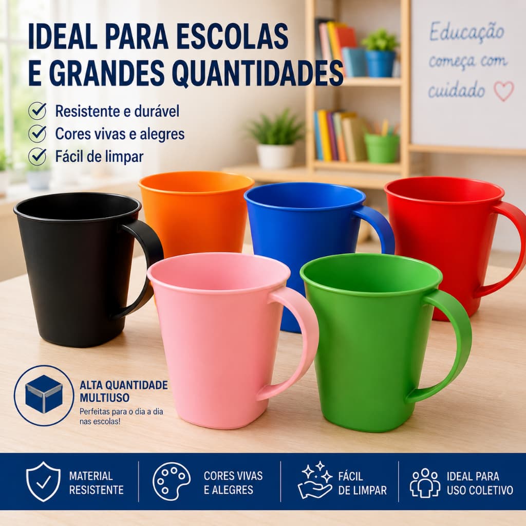 Kit Canecas 450ml Creche Escola Coloridas Cantina Copo Criança Resistente Sortidas Merenda Catequese