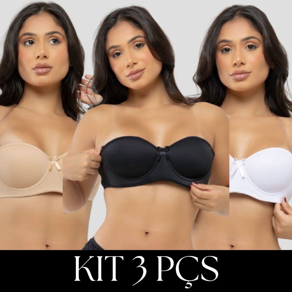 Kit 3 Sutiã Tomara Que Caia Com Alça Removível de Silicone Sutiã Com Bojo e Pala Reta