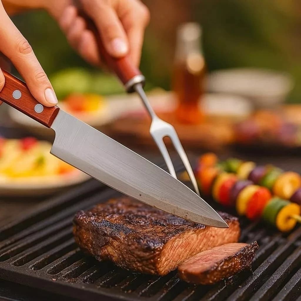 Kit Churrasco 3 Peças Faca Garfo Chaira Amolador Inox Cabo Madeira Utensílios Assados Corte Preciso