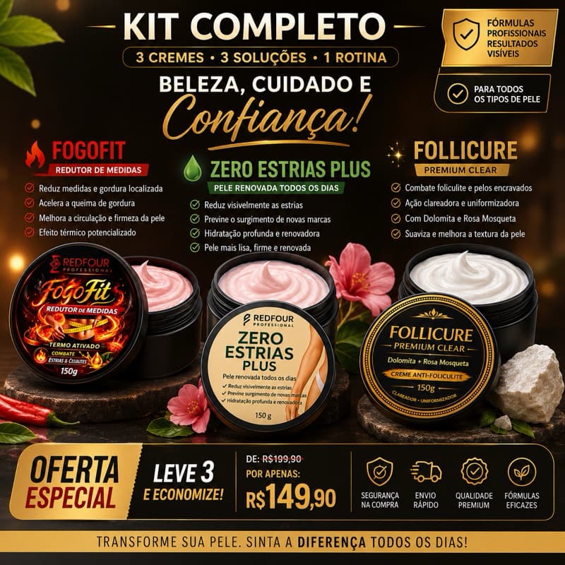 kit 3 fogo Fit , follicure e estria Plus kit completo cuidado da pele termo ativado