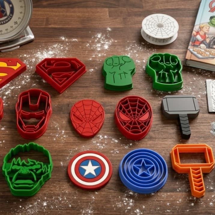 Kit 07 Cortadores de Biscoito Heróis Vingadores Super Heróis para Cookies Fondant Pasta Americana e Decoração de Festa
