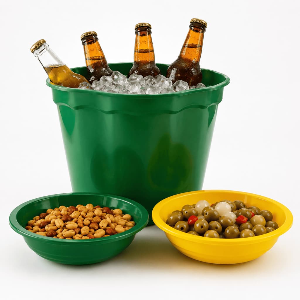 Kit Balde Cerveja Brasil 3 Peças Em Plastico Tigela Petisco Copa Futebol Churrasco Verde Amarelo