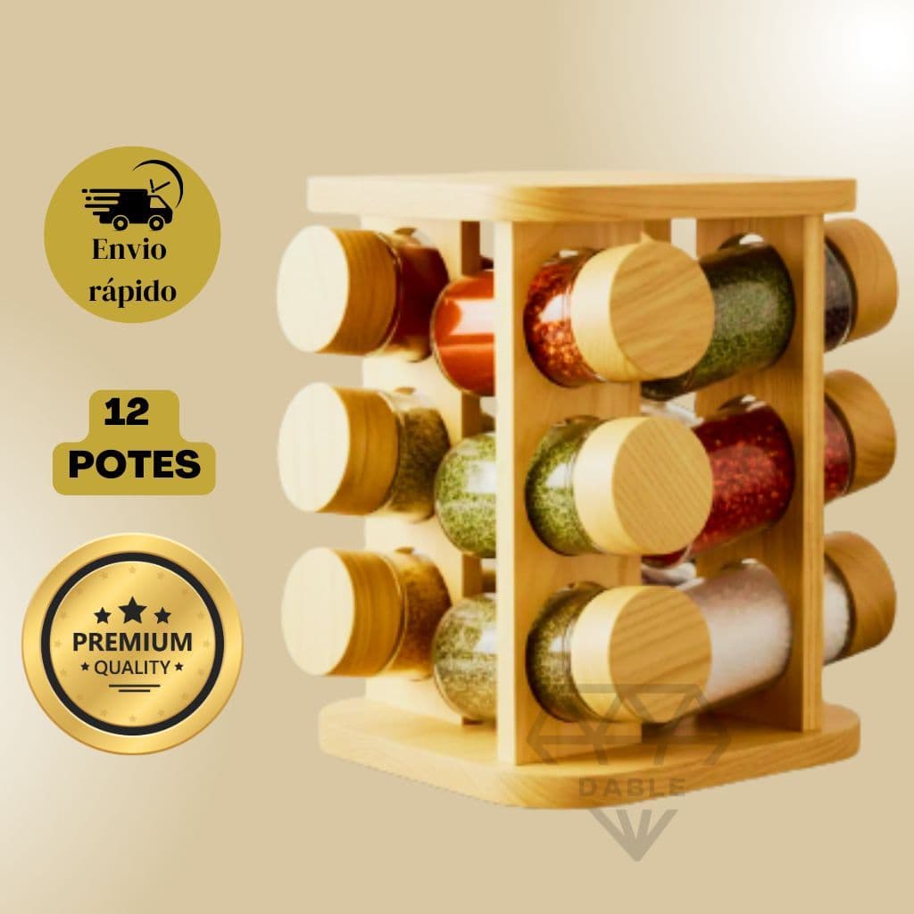 Porta Condimentos E Temperos de Bambu Premium 12 16 Potes De Vidro Com Tampa Dosadora Base Giratória Para Cozinha