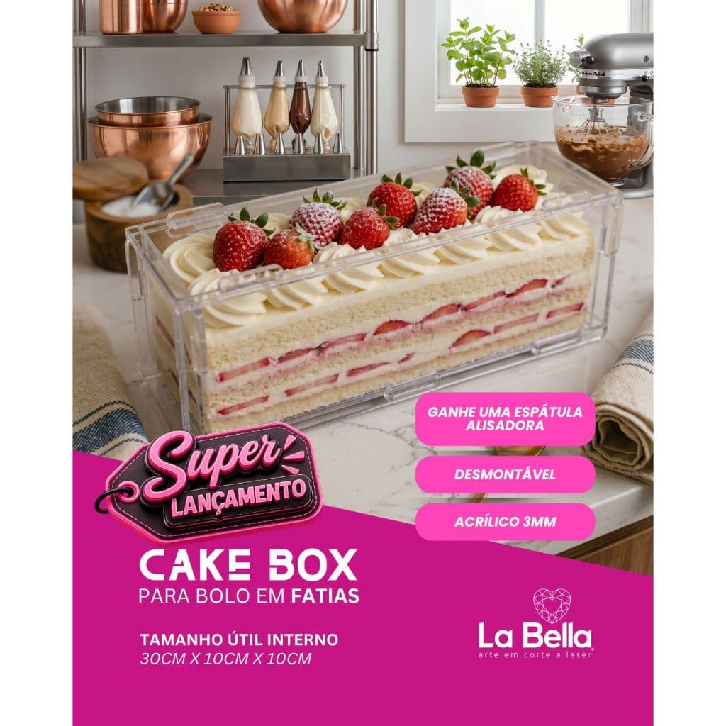 Cake Box 3L Para Bolo em Fatias Acrílico 3mm Desmontável 30x10x10cm com Espátula