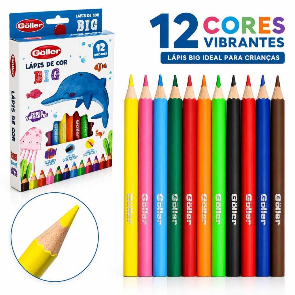 Lápis de Cor Jumbo Big Triangular 12 Cores Vibrantes Goller Escolar Infantil Pintura