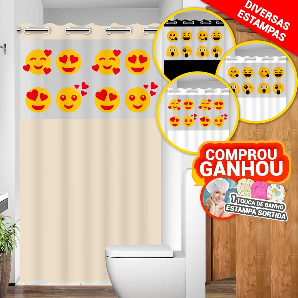Cortina Box Emoji Divertido e Coração c/ Visor Banheiro AntiMofo Resistente Alta Qualidade Ilhós PVC