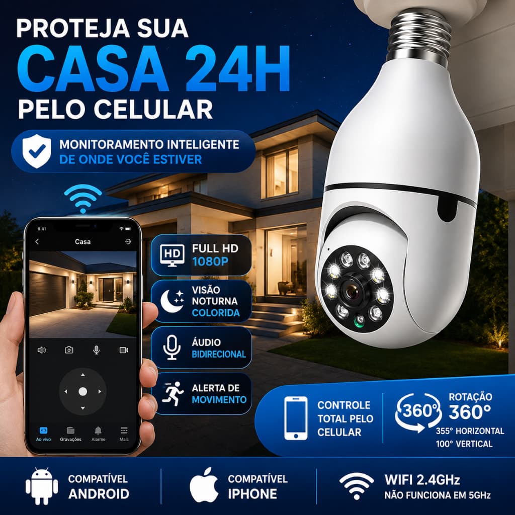 Câmera Lâmpada WiFi 360° Full HD Visão Noturna Com Áudio