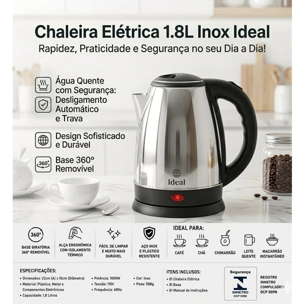 Chaleira Elétrica Inox 1.8L 1000W Rápida e Compacta