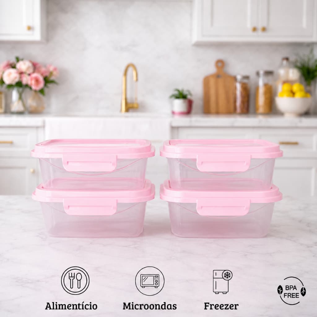 Kit 04 Marmitas Herméticas 800ml Tampa Trava Freezer Microondas Potes BPA Free