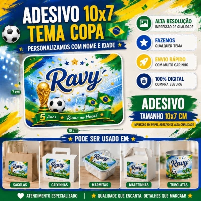 Adesivo Personalizado 10x7 Tema Copa Brasil para Sacola Caixinha Marmita Maleta