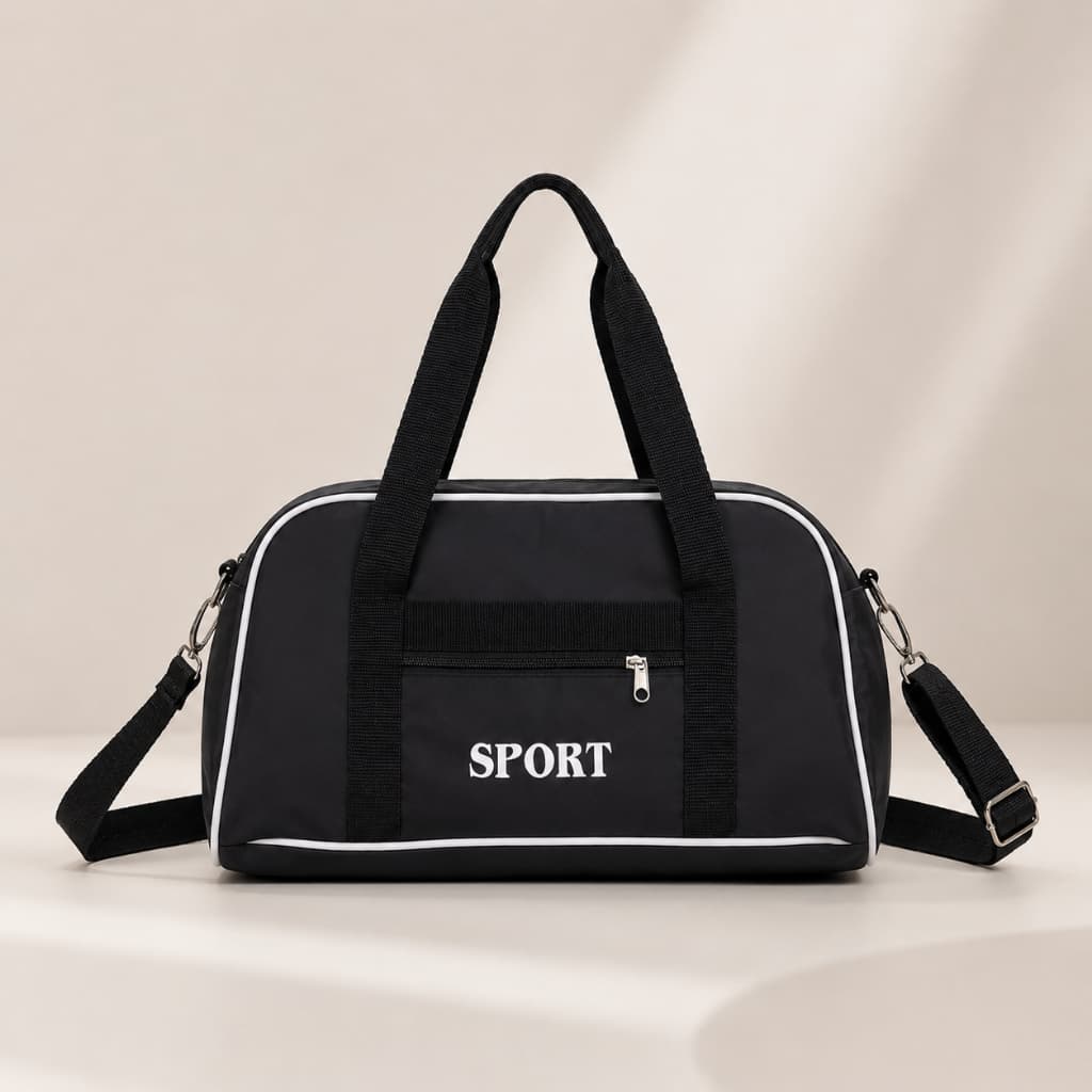 Bolsa Sport M Multifuncional Leve, Espaçosa e Resistente para Academia/Viagens/Passeios Preto com Branco