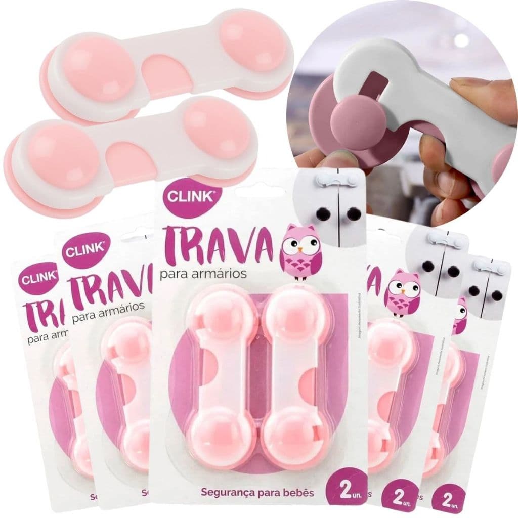 Kit 10 Trava Fecho Para Gaveta Rosa Armário Protetor Segurança Bebê Criança Multiuso De Plástico