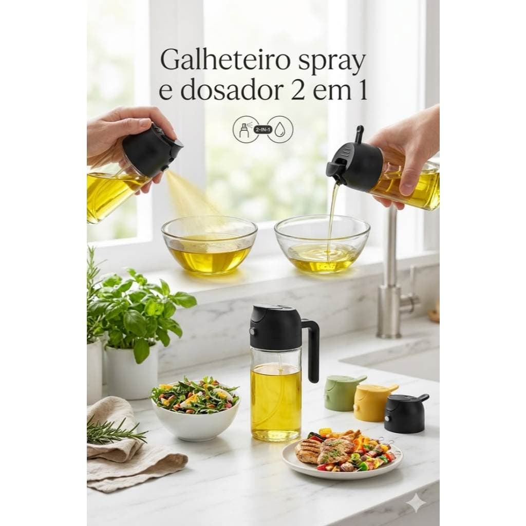 Kit 2 Galheteiro Borrifador 2 em 1 Bico Dosador Vidro 470 ml - Óleo, Azeite, Vinagre Molhos