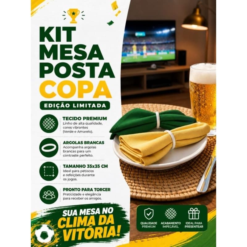 Kit Guardanapo Verde e Amarelo Oxford 4 e 6 lugares Copa do Mundo Mesa Posta+Porta Guardanapo Decoração Brasil