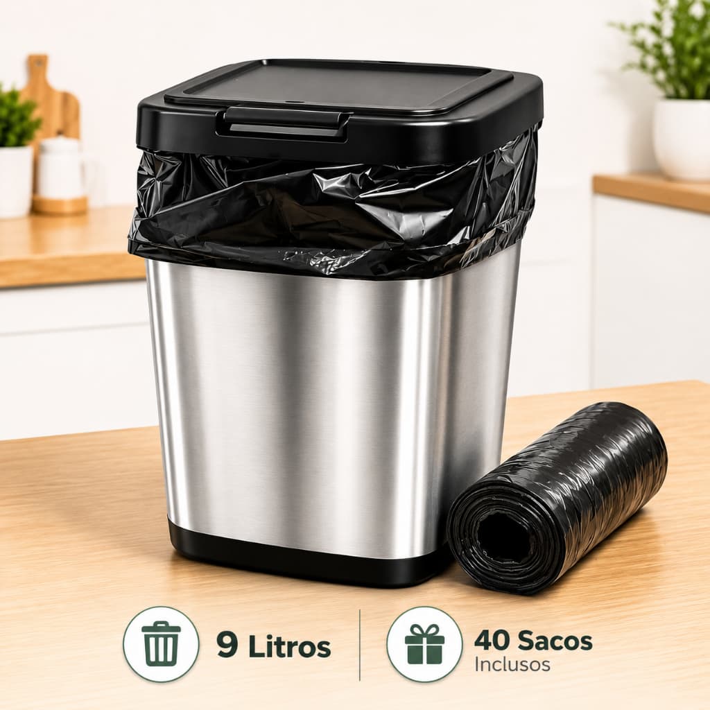 Combo Lixeira Inox Metalizada 9L Abertura Click + 40 Sacos Compacta Moderna Cozinha Banheiro