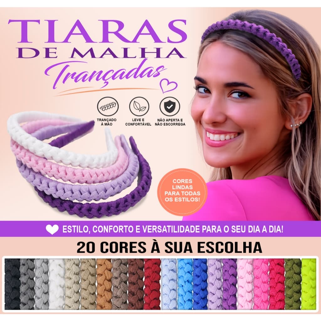 Kit 5, 2 ou 1 Tiara de Cabelo Trançada Fio de Malha Arquinho Diadema Adulto e infantil 20 cores