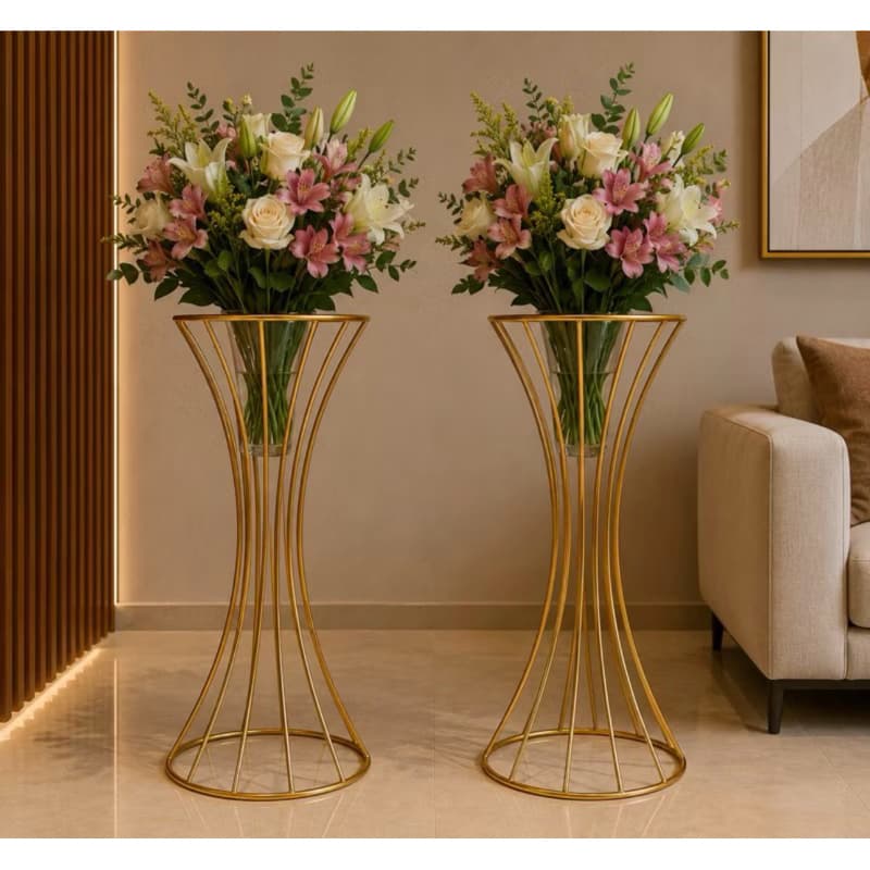 Kit 2 Vaso Dourado 60cm Metal Luxo Centro de Mesa Decoração Festa Casamento Suporte Arranjo Conjunto