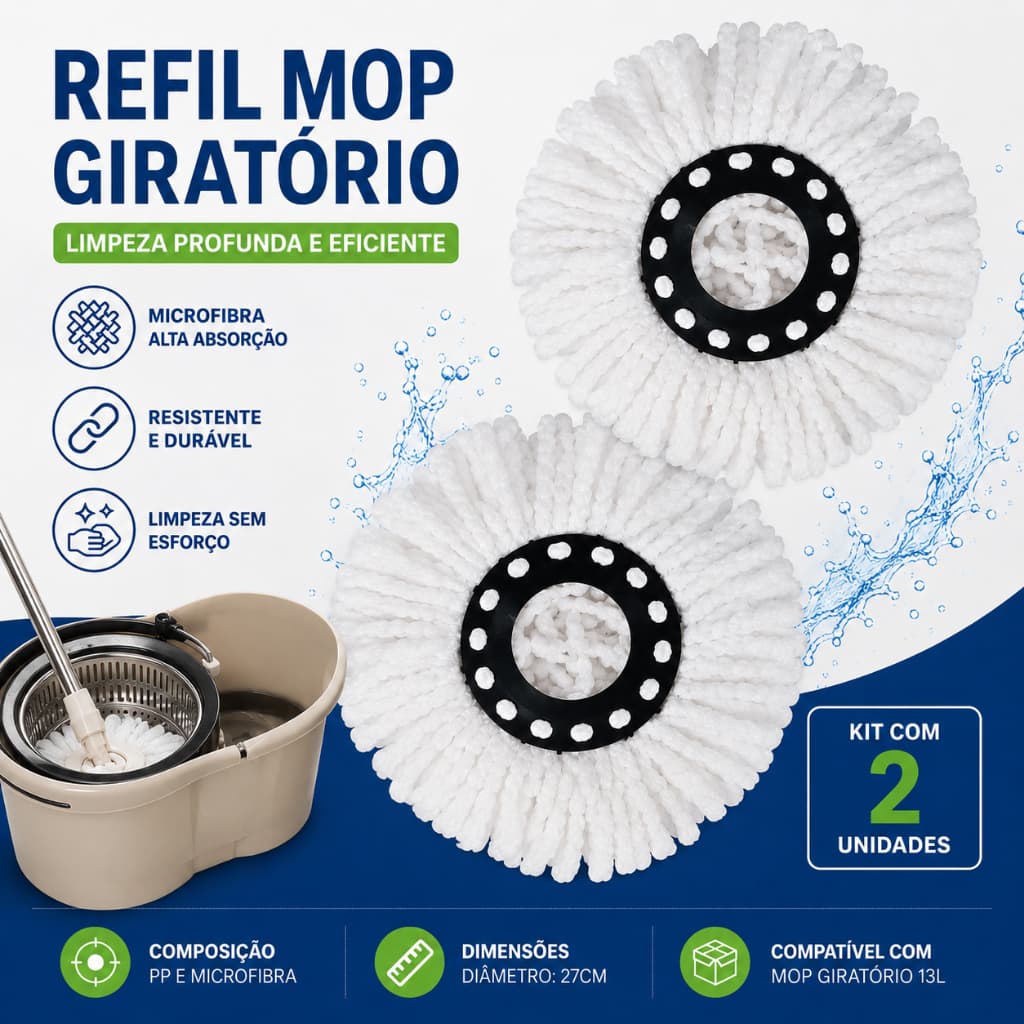 Refil Mop Giratorio 13 Litros 2 Unidades Alta Absorcao Reposicao Pano Lavavel Facil Uso