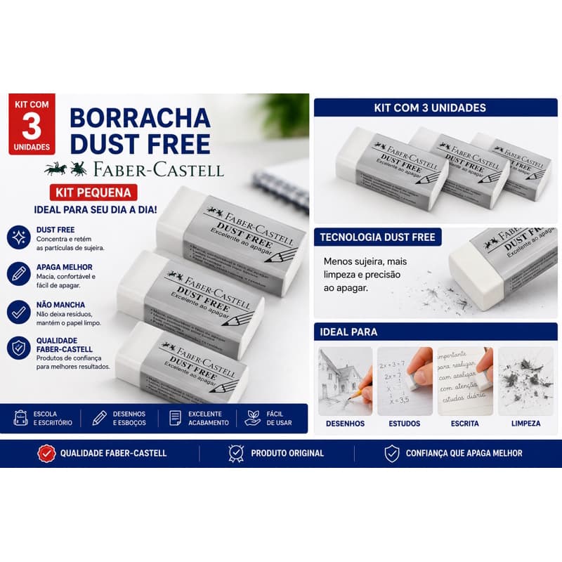 Borracha Dust Free Faber Castell - Pequena - Kit com 3 unidades