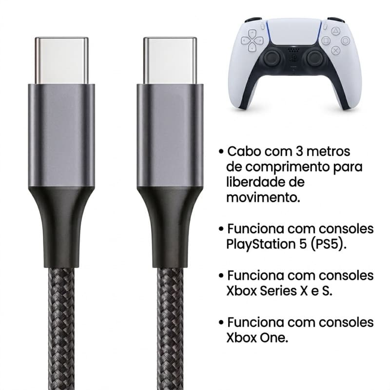 Cabo USB-C 3 Metros para Controle PS5 Xbox Series X/S Hrebos | Carregamento Rápido Longo Tipo C 3.1A Envio Full