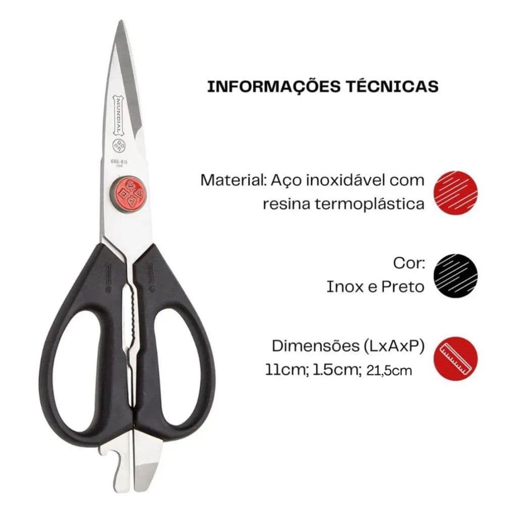 Tesoura Multiuso Culinária Cozinha Corte Carne Vegetais Preta 666N-8 - Mundial