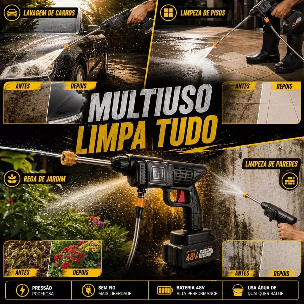 Pistola Lava Jato Portátil Sem Fio Recarregável Alta Pressão 8 Bicos Multifunções Limpeza Eficiente
