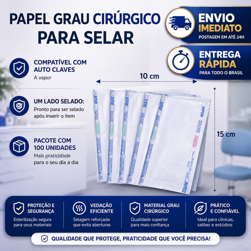 Envelope auto clave esterilização 10cmx15cm, grau cirúrgico -ideal para manicure Estética Podologia, odontologia