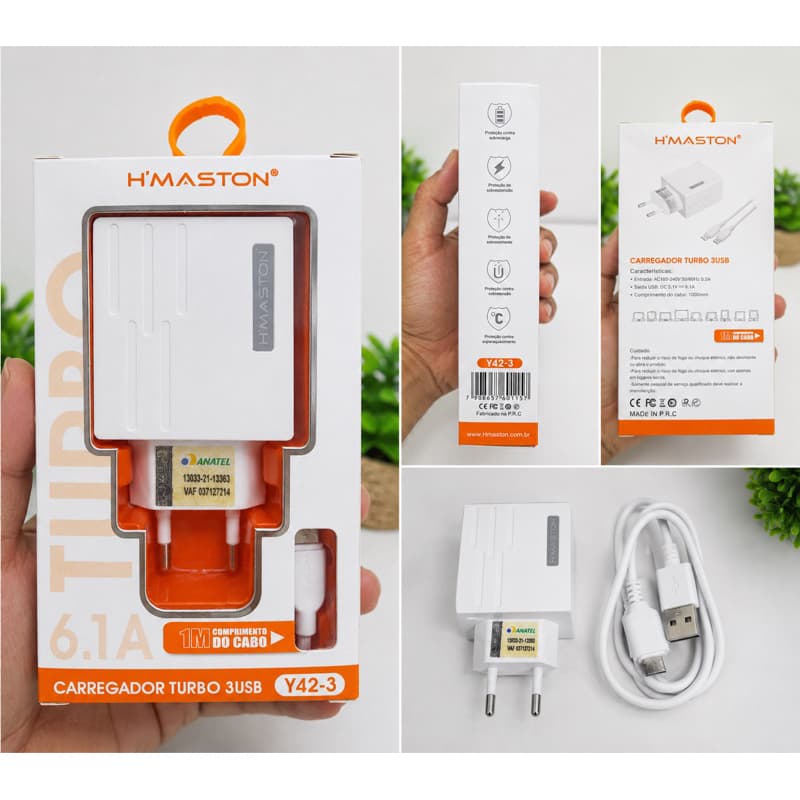 Carregador Turbo Tipo C H’Maston 6.1A 3 USB Com Cabo 1M Carregamento Rápido Bivolt Y42-3
