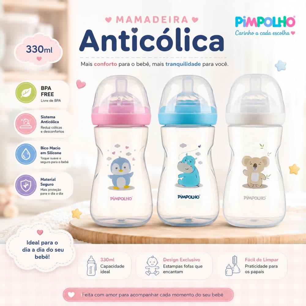 Mamadeira Anticólica Para Bebe  330ml 4+ meses Soft Touch BPA Free Menino Menina Neutro Infantil Serena Pimpolho