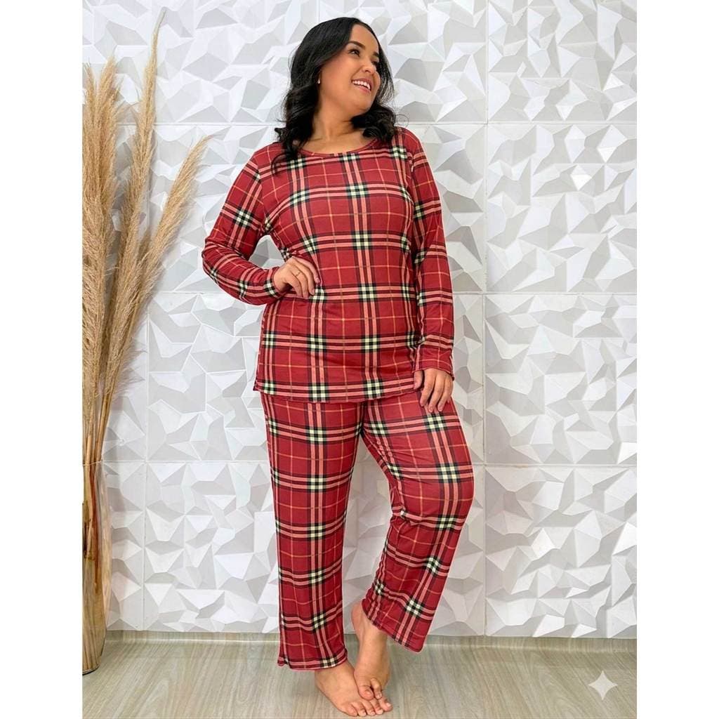Pijama Feminino Plus Size Inverno comprido suede calça comprida blusa manga longa confortável macio