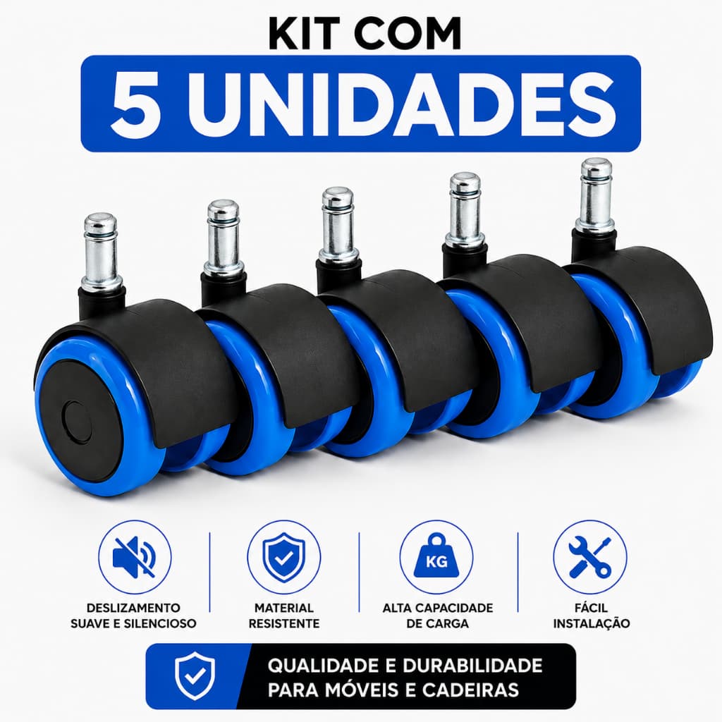 Rodízios PU Kit 5 Unidades 54mm Para Cadeira Escritório Gamer Giratória Anti Risco e Silenciosa Azul