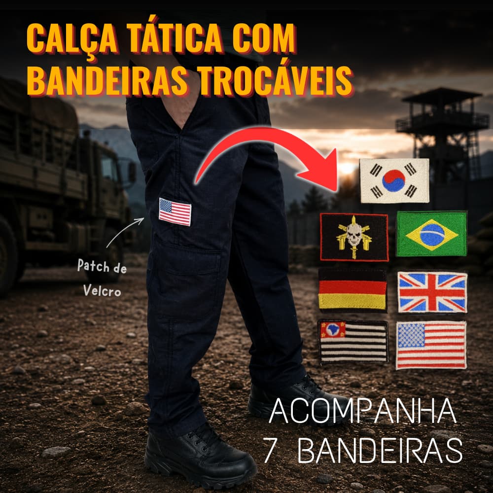 Calça Tática Cargo Masculina Ripstop Com Velcro E 7 Patches Bandeiras