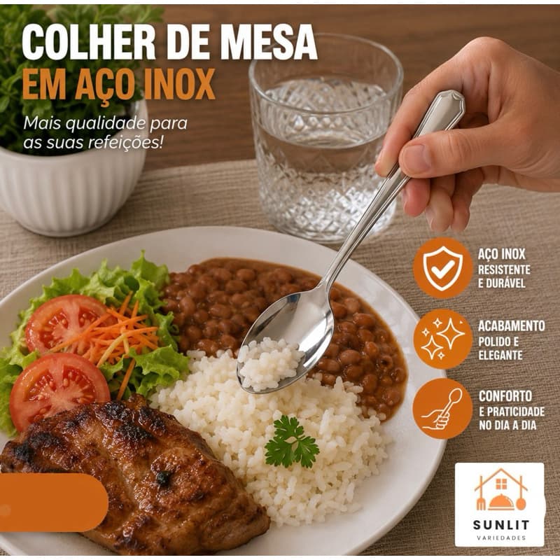 Kit de Colher de Mesa Aço Inox – Utensílio Resistente e Indispensável para Refeições, Sobremesas e Uso Diário Casa T