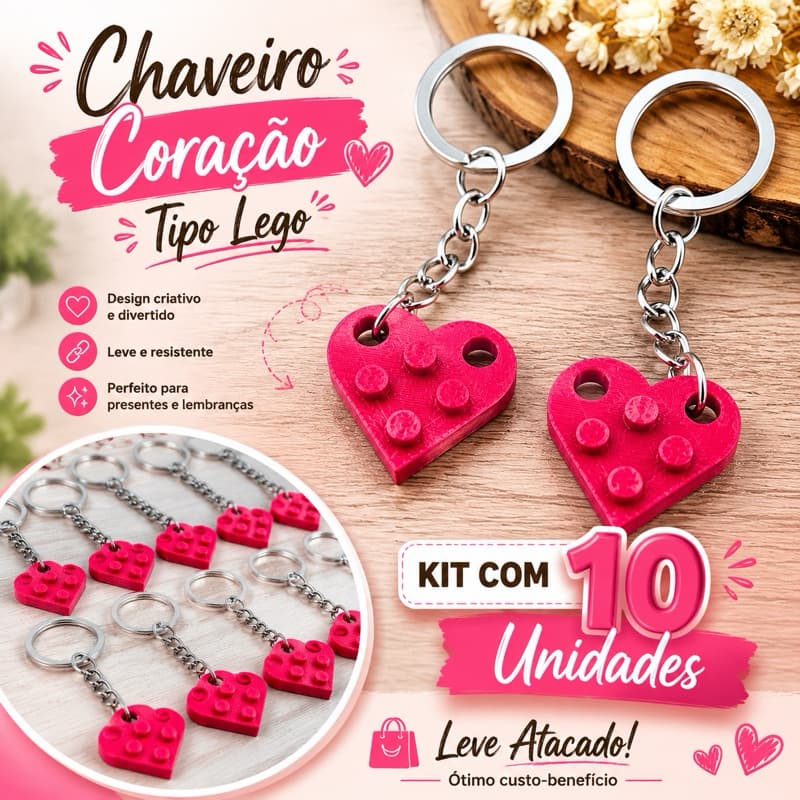 KIT ATACADO CHAVEIRO CORAÇÃO LEGO FORMA CORAÇÃO 10 PARES - CHAVEIRO DIA DOS NAMORADOS
