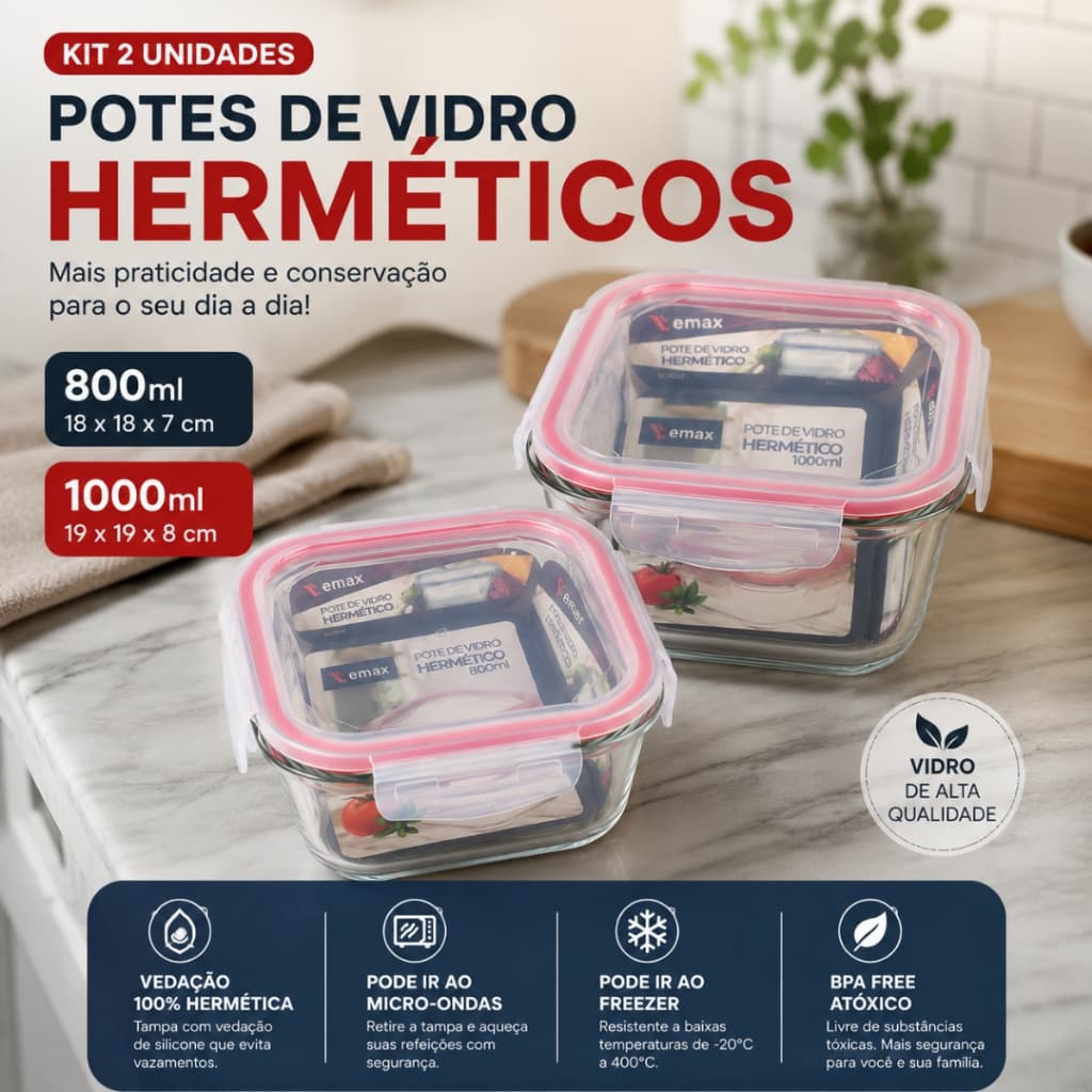Potes de Vidro Hermético Kit 2 Unidades 800ml e 1000ml Premium