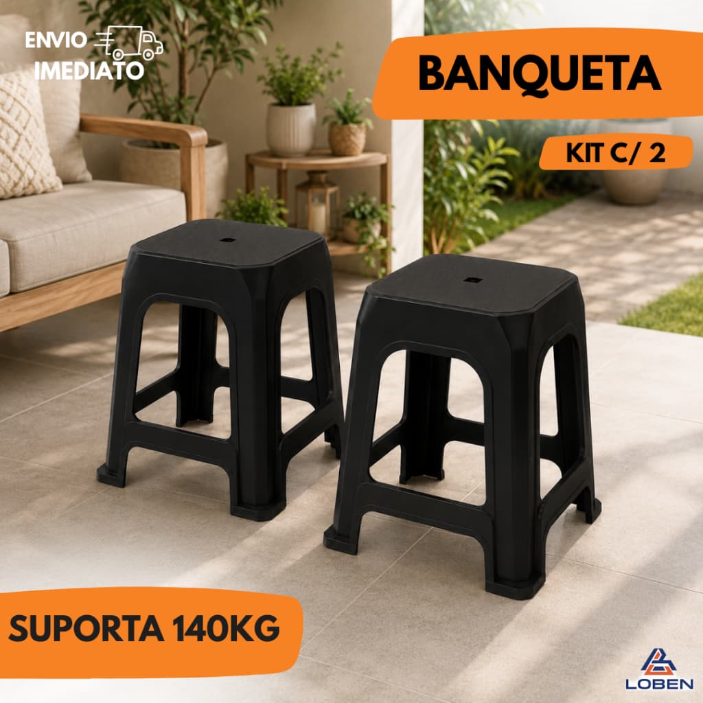 Kit 02 Banquetas Banquinhos Plástico Preto – Suporta Até 120kg