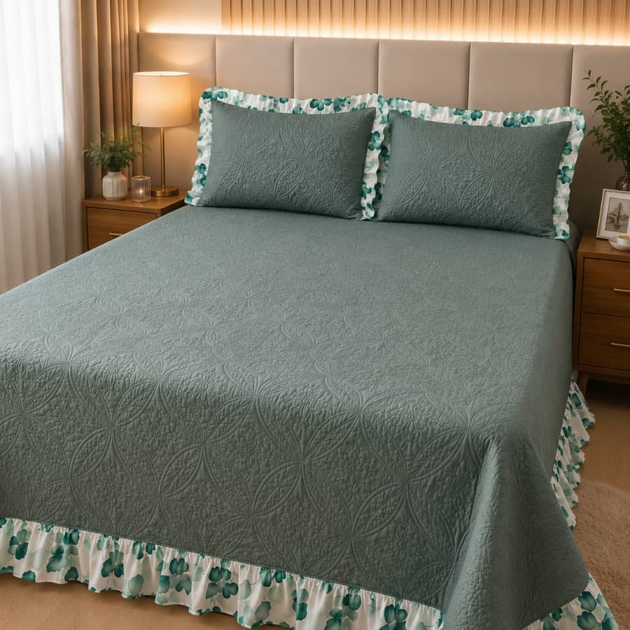 Cobre Leito Exclusive Home Matelassê Ultrassônico com Babado Estampado –Luxo Premium