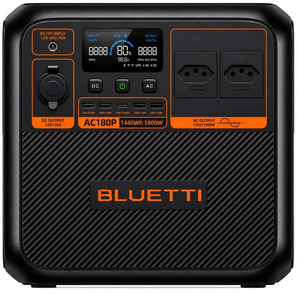Estação de Energia Portátil Bluetti AC180P 1440Wh 1800W Potente Leve Solar 2700W De Pico