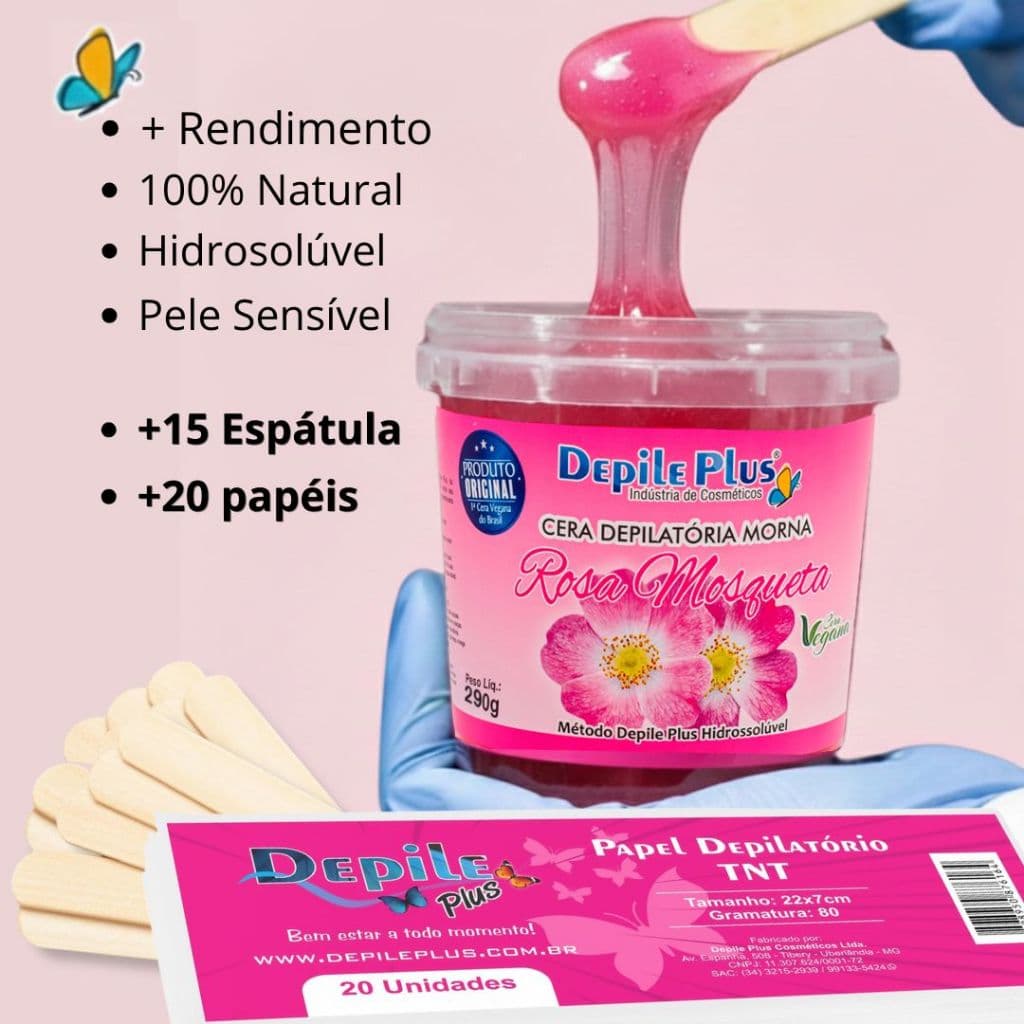 Kit Cera Hidrossolúvel 600g + Espátula Larga (Palito) 15 uni. + Papel TNT 20 uni. Depile Plus