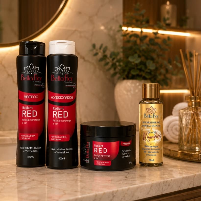 Kit Capilar Radiant Red 4 Produtos Shampoo Condicionador Máscara Reparador de Pontas Bella Flor Ruivos Brilho