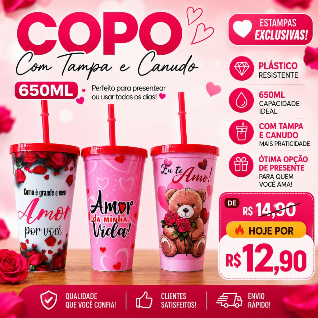 Copo plástico Romântico 650ml com Tampa e Canudo