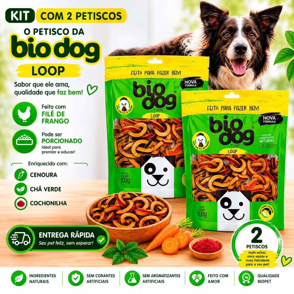 Kit 2 Bifinho Petisco Natural Snack Biscoito Biodog Cães Mordedor Gourmet Loop